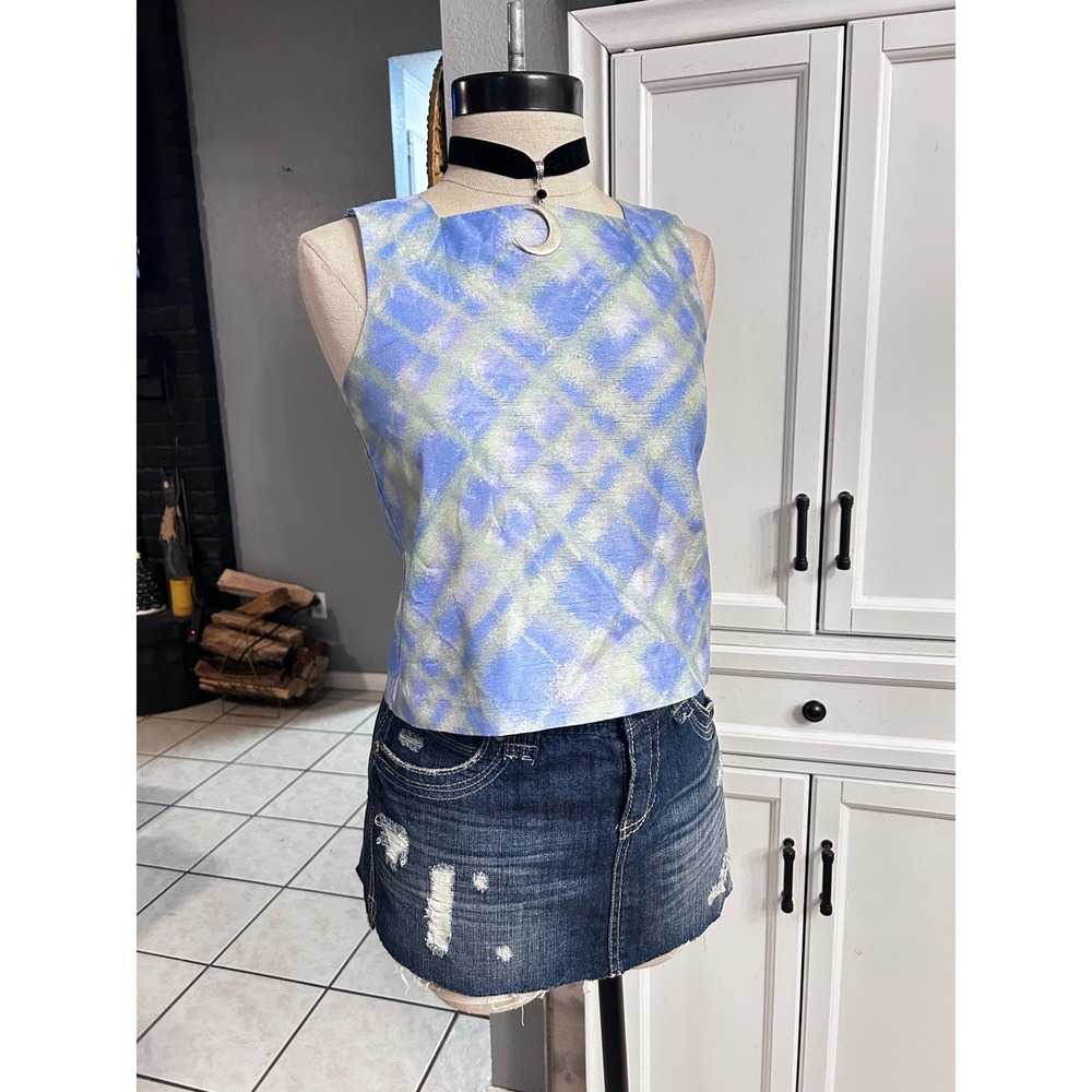 Vintage 90's Blue Green Plaid Square Neck Sleeveless size XSmall